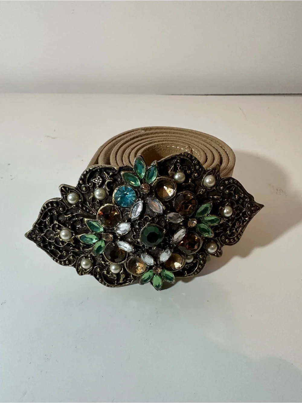 Leatherock Champagne Leather Statement Belt Jeweled Floral Buckle Women's M